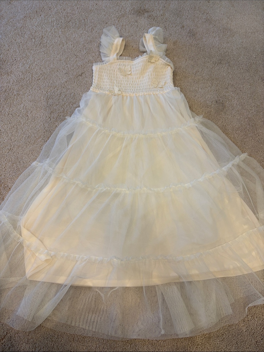Ivory Tulle Tiered Girls' Formal Dress with Floral Accents